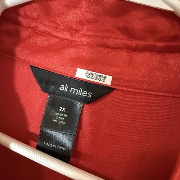 Ali Miles Artsy Tunic 2X Buttons Top Red 3/4 Sleeve Sateen Lagenlook Wire Collar - Picture 2 of 7